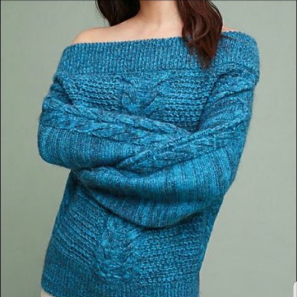 Anthropologie Sleeping On Snow Blue Cable Knit Off Shoulder Sweater Size M